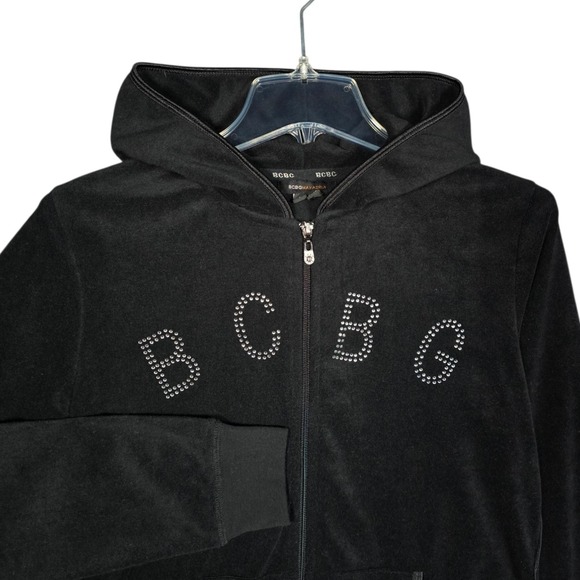 BCBGMaxAzria Tops - Vintage‎ Y2K BCBG Hoodie Women's Large Maxazria Velour Rhinestone Zip Up Black